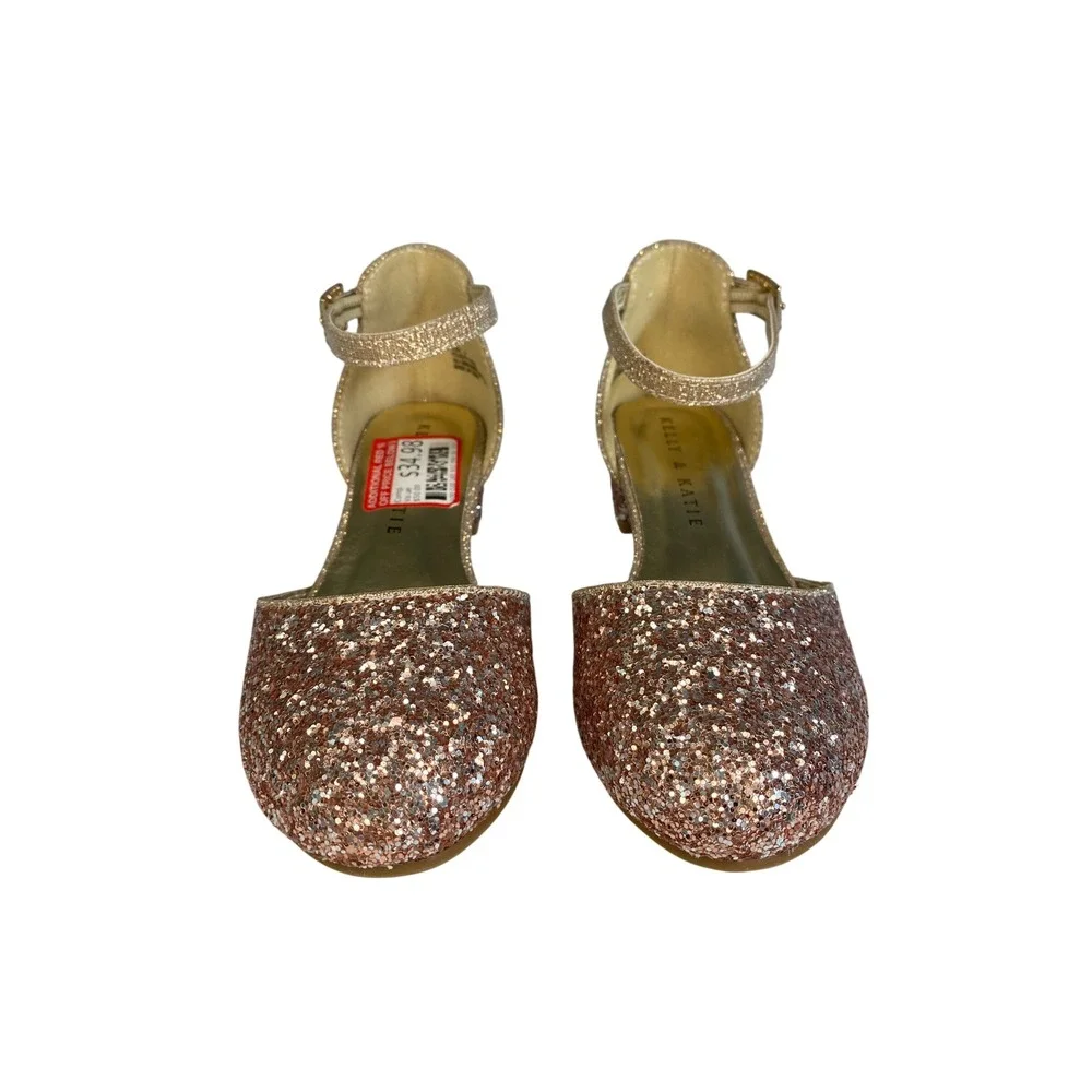 Kelly & Katie Girls Rose Gold Glitter Block Heel Dress Shoes Size 2 Ankle Strap